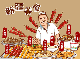 手繪卡通簡約新疆地域美食插畫