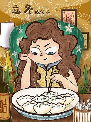 復古卡通風立冬吃餃子插畫