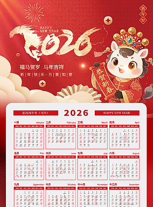 中國(guó)傳統(tǒng)節(jié)日恭賀新春馬年掛歷設(shè)計(jì)