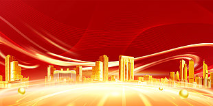 金色建筑佇立剪影大氣紅色背景設計