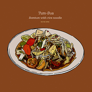 手繪創意青木瓜沙拉面條美食插畫