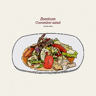 清新手繪泰式傳統沙拉美食插畫