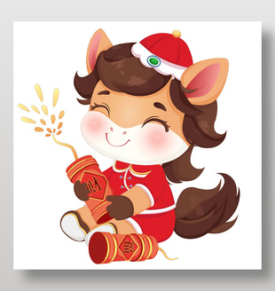 春節吉祥物小馬駒拿鞭炮節日插畫