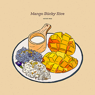 清新手繪泰式芒果糯米飯美食插畫