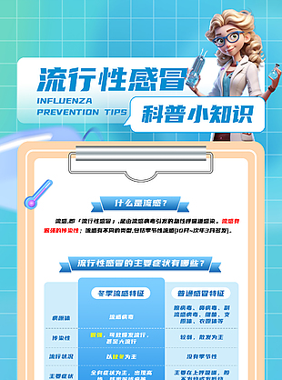 可愛藍色流行性感冒科普知識海報