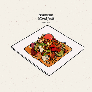 手繪清新泰式超級水果沙拉美食插畫