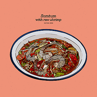 手繪清新泰式生腌海鮮美食插畫