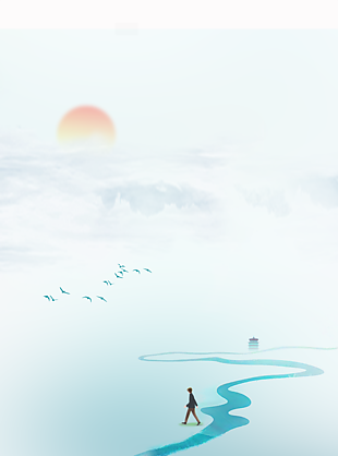 手绘水彩风河流纹理日出场景背景插画