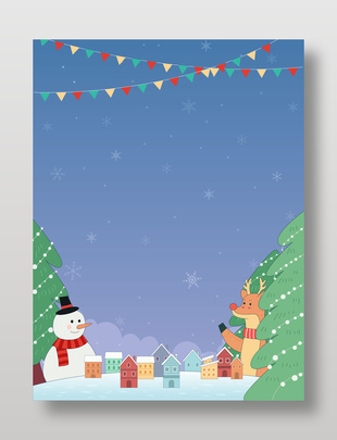 圣誕節雪夜圣誕樹馴鹿卡通節日插畫