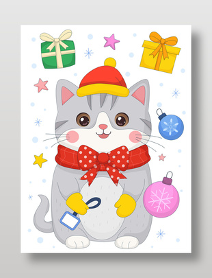 冬季卡通小貓戴帽子圍巾手套插畫