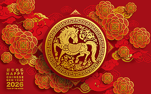 喜慶中國風馬年春節新年剪紙風節日展板