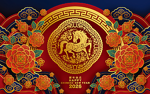 古典國風馬年春節新年快樂展板