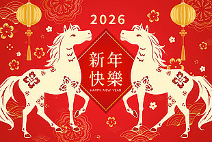 紅色高級(jí)馬年新年快樂(lè)新春插畫