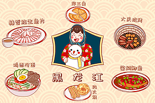 手繪卡通清新黑龍江特色美食插畫