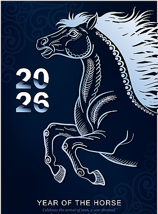 中國風生肖馬藝術插畫風馬年新年海報