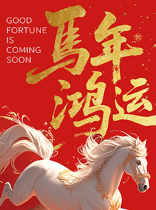2026馬年鴻運白色馬匹大氣視覺海報