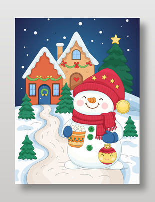 圣誕節(jié)姜餅屋戴帽子圍巾雪人卡通插畫