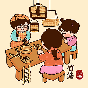 手繪清新中國傳統非遺文化竹編插畫