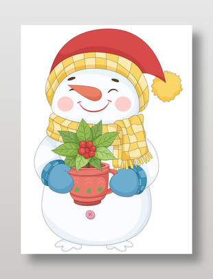 冬季可愛拿盆栽雪人戴帽子圍巾卡通插畫