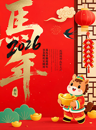 卡通風2026馬到成功馬年大吉海報