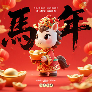 喜慶中國風2026馬年恭賀新禧海報