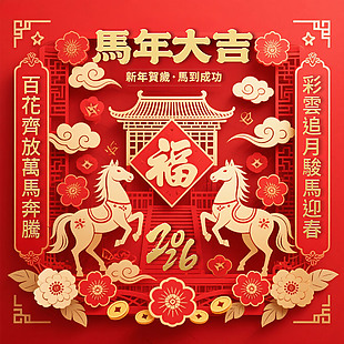 紅色高級喜慶馬年大吉新春海報