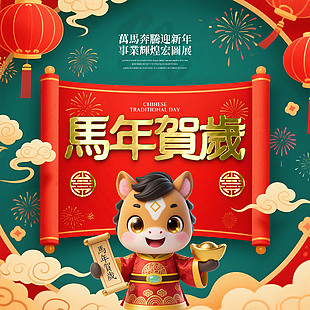新國風馬年賀歲新年快樂海報