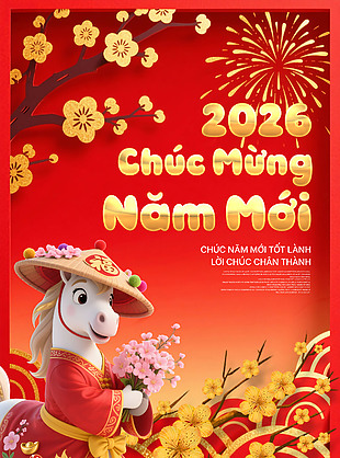 可愛卡通馬年新年快樂海報