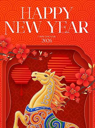 馬年大吉唯美刺繡中國傳統春節海報