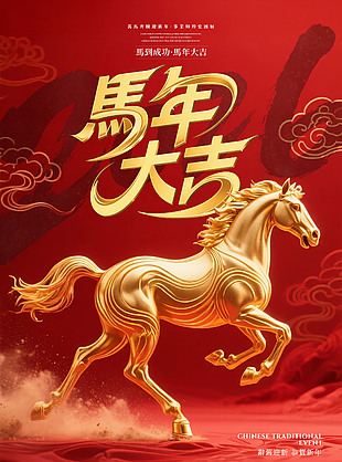 紅色喜慶中國風馬年大吉海報