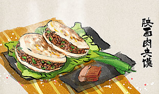 手繪清新簡約陜西肉夾饃美食插畫