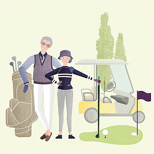 爺爺奶奶打高爾夫舒適生活插畫