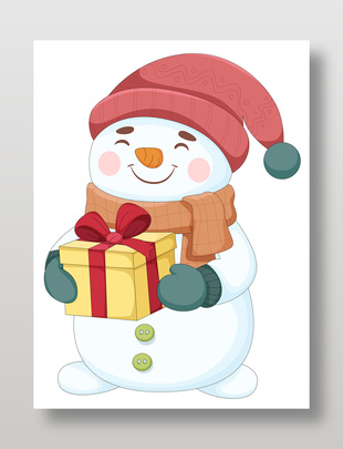 卡通小雪人冬季戴帽子圍巾拿禮物插畫