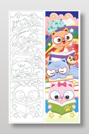 卡通戴眼鏡貓咪書店餐飲店插畫