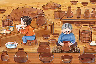 清新手繪水彩非遺文化陶罐制作插畫