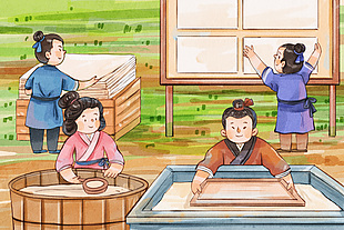 清新手繪水彩非遺文化造紙術插畫