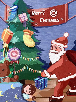 美妙夜晚圣誕老人送禮物節(jié)日插畫