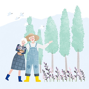 爺爺奶奶退休自在度假生活插畫