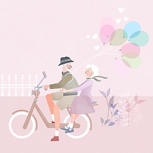 爺爺奶奶騎車兜風愜意生活插畫