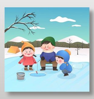 冬季雪天小朋友和爸爸冰釣卡通插畫
