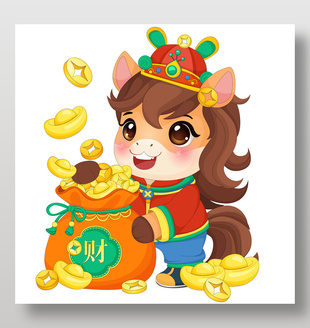馬年春節小馬駒捧錢袋傳統節日插畫