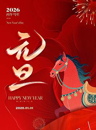 丙午馬年策馬奔騰元旦節日海報