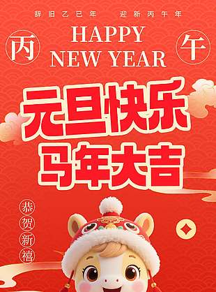 元旦快樂(lè)馬年大吉簡(jiǎn)約紅色海報(bào)