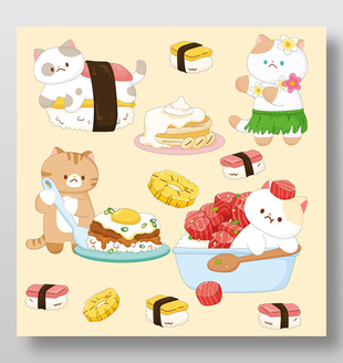 貓咪廚師壽司菠蘿飯卡通美食插畫
