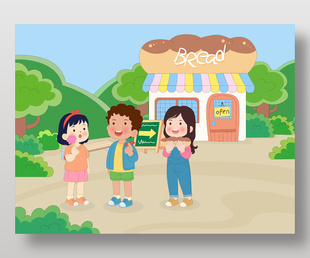 春天孩子公園郊游玩耍分享食物卡通插畫