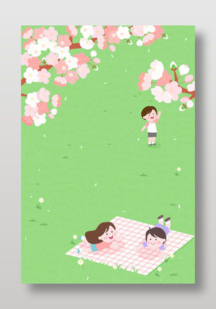 春天踏青樱花树下野餐玩耍插画边框设计