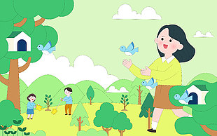 春天孩子郊游玩耍种树环保插画设计