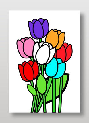 彩色郁金香花朵可爱卡通插画