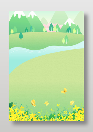 春天迎春花开蝴蝶飞舞田园卡通插画设计