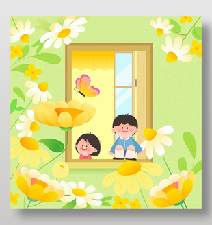 春天油菜花开小朋友观察自然教育插画